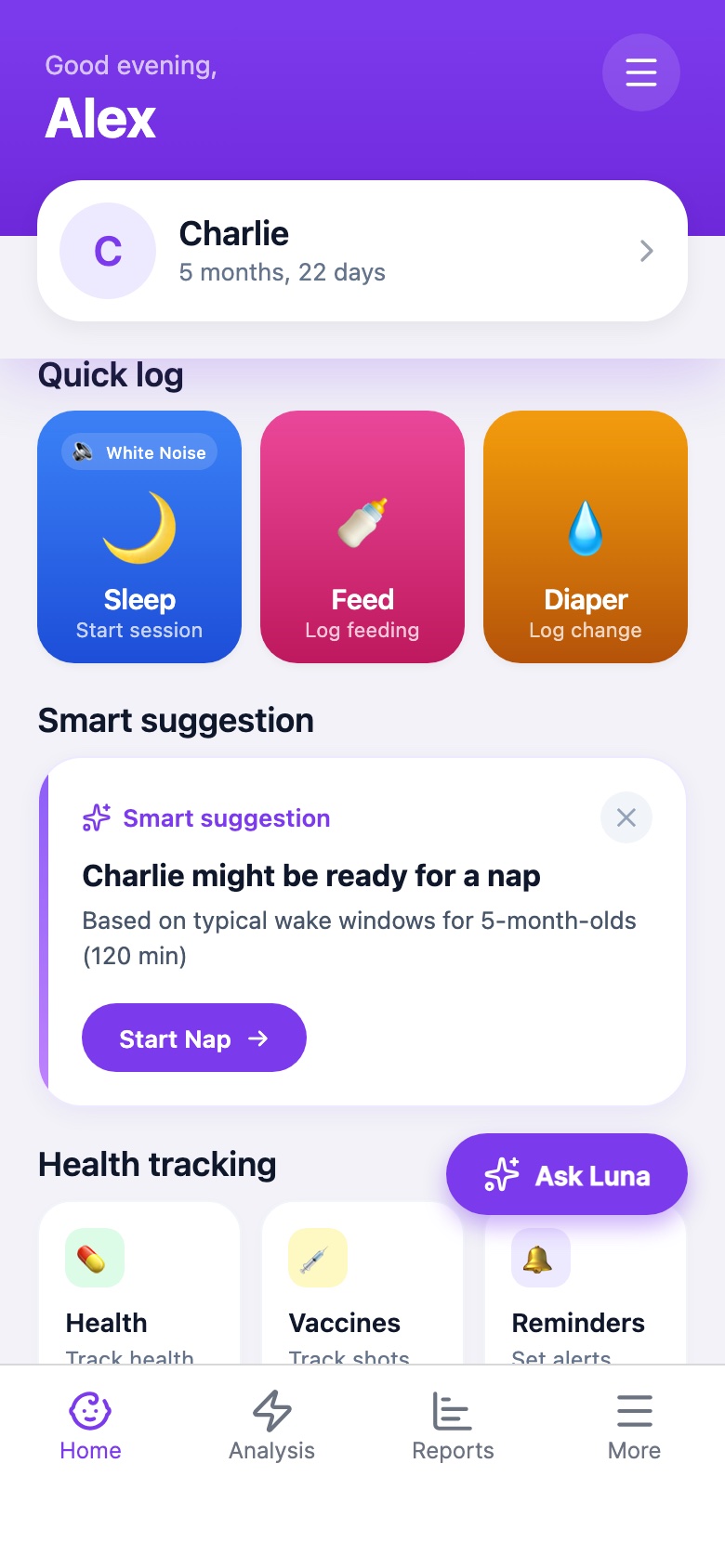 Cradlet home screen with one-tap sleep, feeding, and diaper logging and a smart nap suggestion